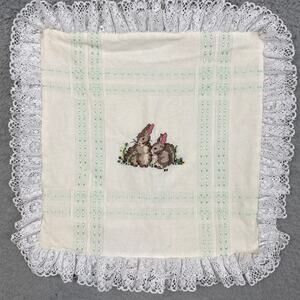 Handmade Pillow Cover Counted Cross Stitch Bunnies Lace Trim Cottage Shabby Chic